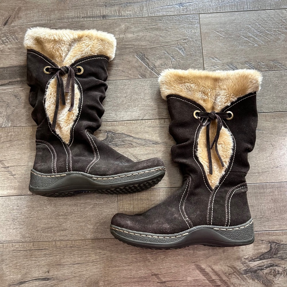 Y2K Bass Oslo Women 7M Brown Suede Faux Shearling Lined Mid Calf Winter Boots